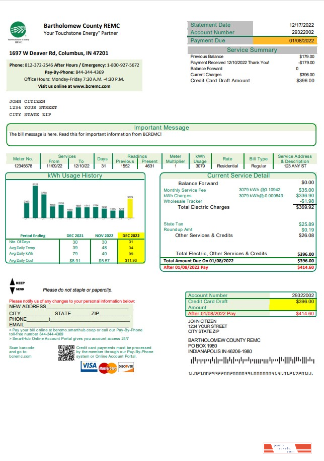 USA Indiana Bartholomew County REMC utility bill template in Word and PDF format